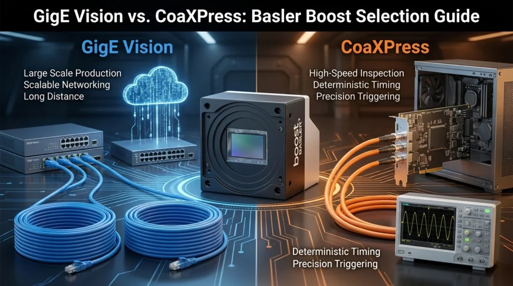 بهترین رابط برای دوربین Basler boost در بینایی ماشین صنعتی، مقایسه پهنای باند CoaXPress و GigE Vision در دوربین صنعتی، بررسی latency در CoaXPress و 10GigE برای دوربین Basler، انتخاب بین CoaXPress و GigE Vision برای بازرسی پرسرعت صنعتی، مزایا و معایب CoaXPress در دوربینهای Basler boost، مزایا و معایب 10GigE Vision در سیستمهای ماشین ویژن، کدام رابط برای دوربین 20 مگاپیکسلی Basler boost بهتر است، مقایسه CoaXPress و GigE Vision برای همزمانسازی چند دوربین، بهترین پروتکل انتقال تصویر برای AOI با دوربین Basler boost، تفاوت jitter و trigger در GigE Vision و CoaXPress، مقایسه کابلکشی CoaXPress و 10GigE در پروژههای صنعتی، بررسی PoCXP در برابر Ethernet برای دوربینهای صنعتی Basler، راهنمای انتخاب رابط دوربین صنعتی برای خطوط تولید پرسرعت، مقایسه frame grabber و NIC در دوربینهای Basler boost، CoaXPress یا 10GigE برای تصویربرداری صنعتی با رزولوشن بالا، بهترین رابط دوربین برای بازرسی PCB با Basler boost، مقایسه عملکرد Basler boost CoaXPress با Basler boost 10GigE، راهنمای خرید دوربین Basler boost بر اساس نوع رابط تصویر