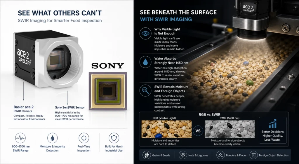 دوربین SWIR، بازرسی کیفیت مواد غذایی، بینایی ماشین صنعتی، Basler ace 2 X visSWIR، سنسور Sony SenSWIR، تشخیص ناخالصی در غذا، تصویربرداری مادون قرمز کوتاه، طولموج ۱۴۵۰ نانومتر، بازرسی نوری، تشخیص رطوبت صنعتی، شناسایی اجسام خارجی، کنتراست طیفی، سیستمهای بینایی هوشمند، اتوماسیون خط تولید غذا، تشخیص عیوب پنهان محصولات، نورپردازی صنعتی SWIR، کاهش ضایعات مواد غذایی، فناوری InGaAs، کنترل کیفیت خودکار، دوربینهای صنعتی باسلر
